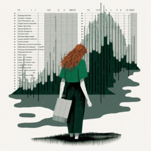 Illustration of a woman lost in a spreadsheet swamp