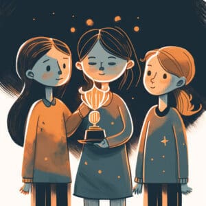 Three volunteers receiving an award trophy