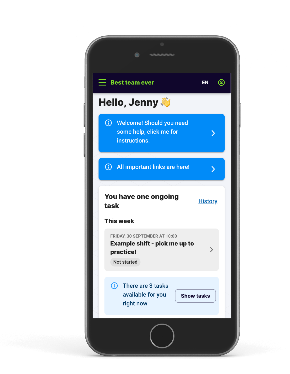 Screenshot of a mobile workforce management app