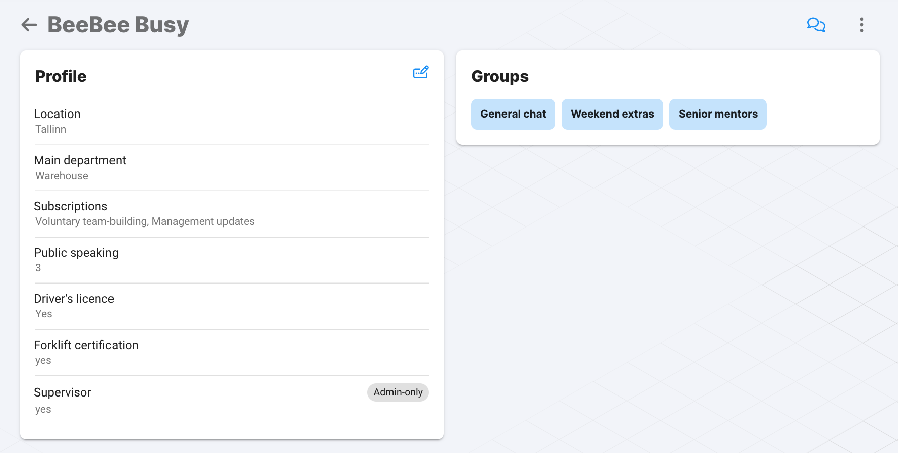 Screenshot of a worker profile in a contingent worker database