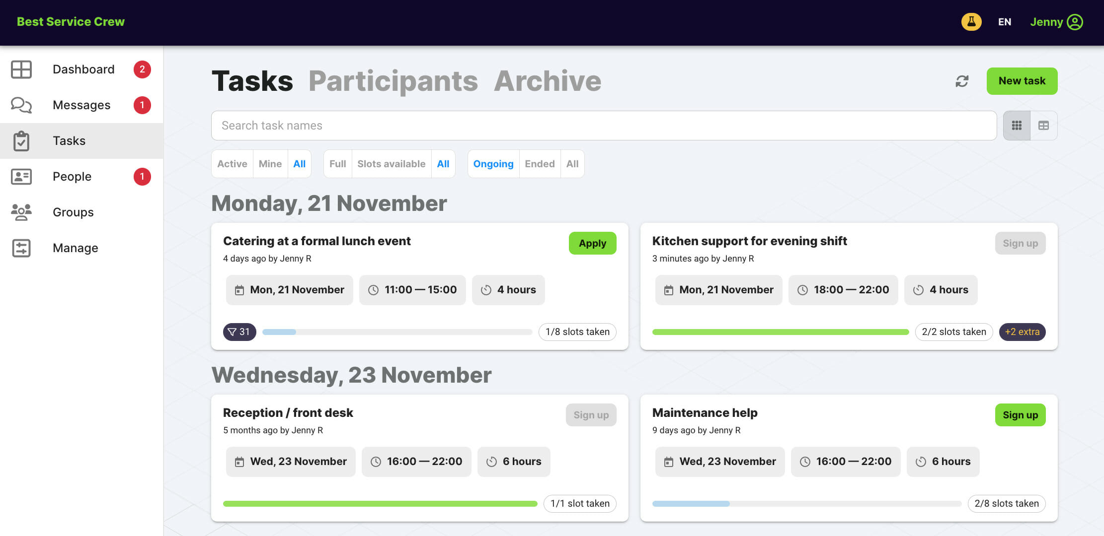 Screenshot of a mobile workforce management app