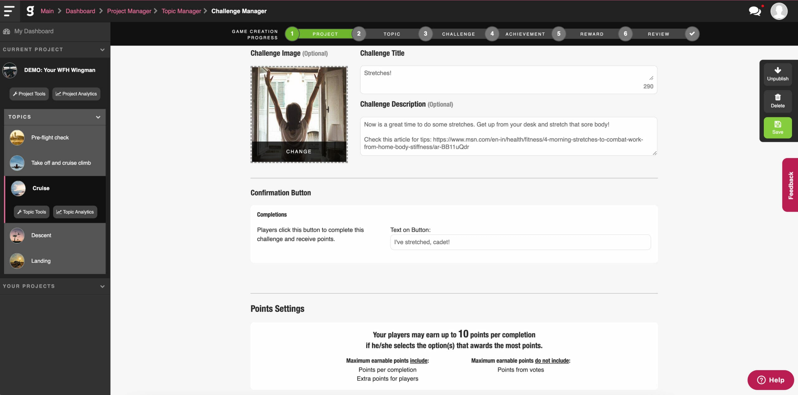 Screenshot of gamified challenge