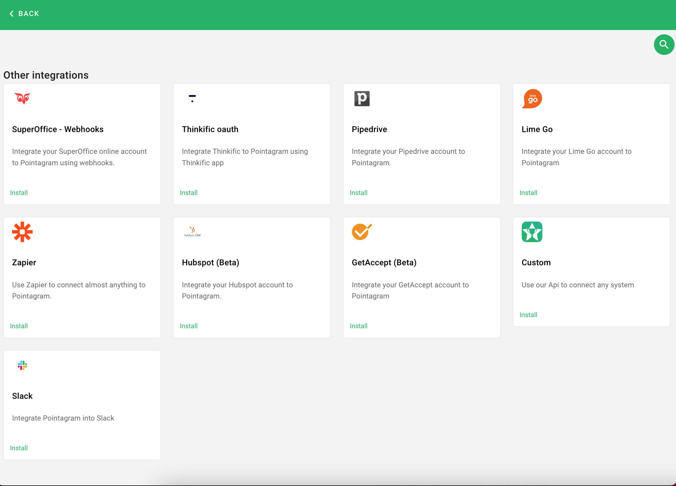 Screenshot of available integrations for gamification software