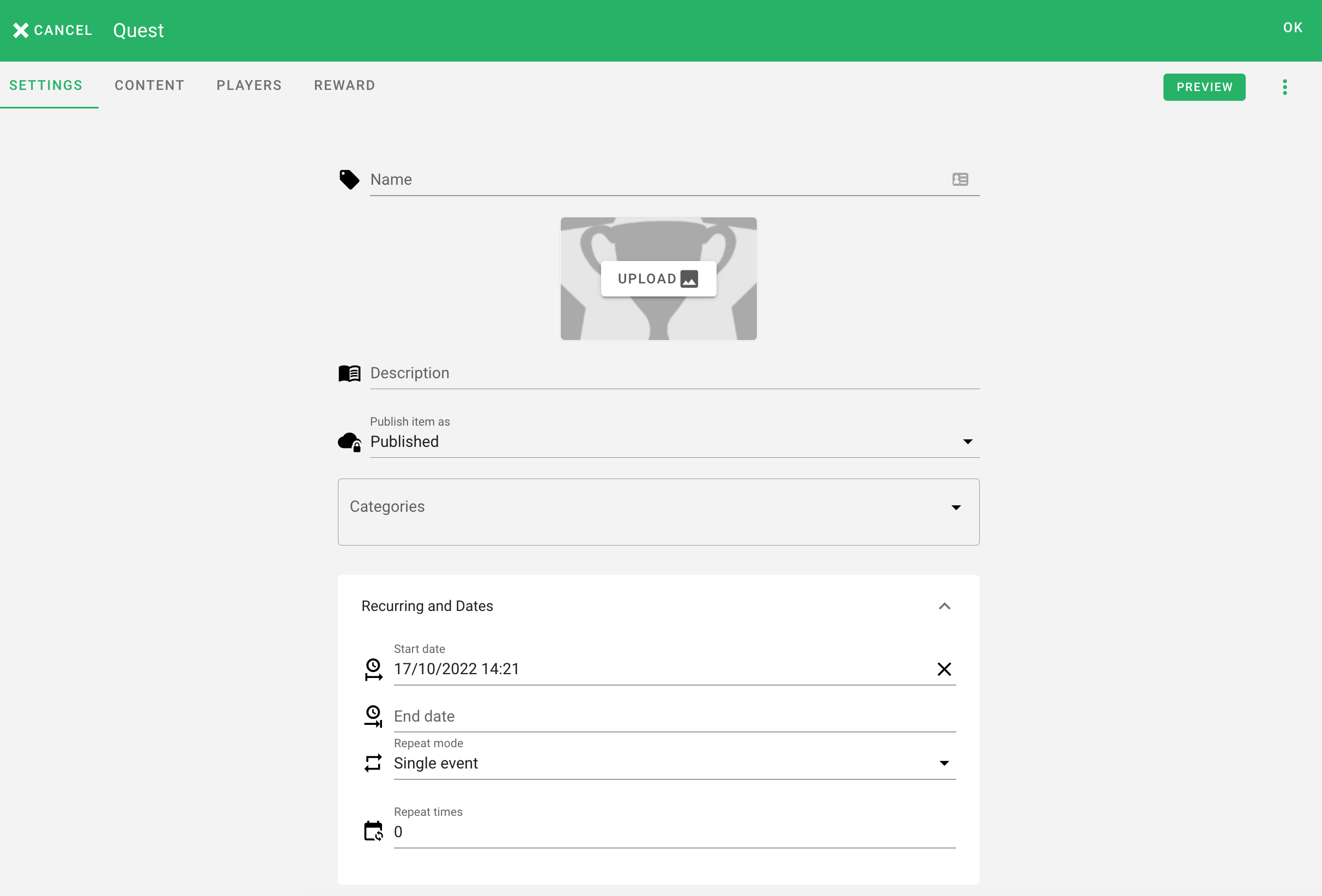 Screenshot of creating quests in gamification software
