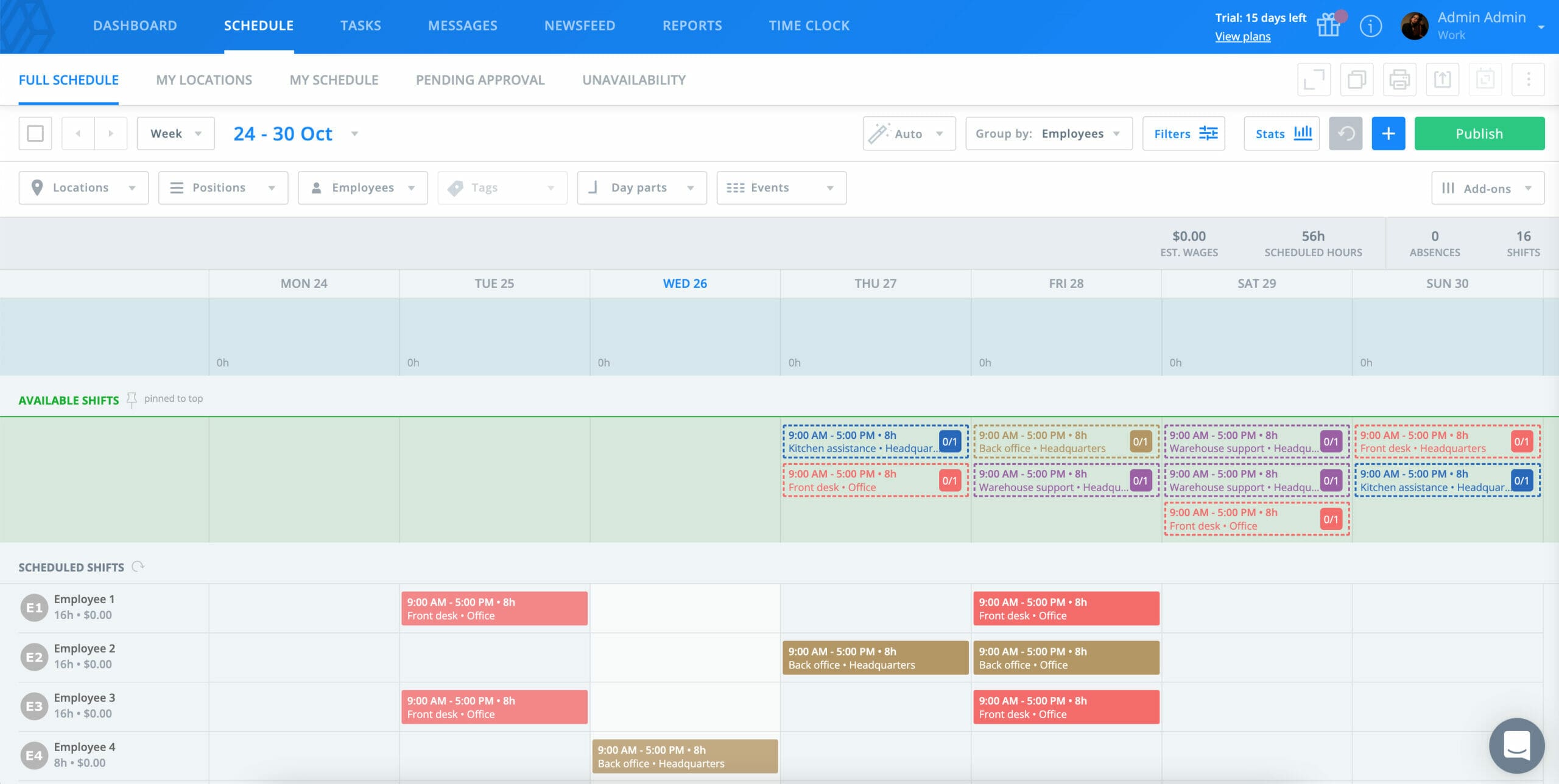 Screenshot of a scheduling app