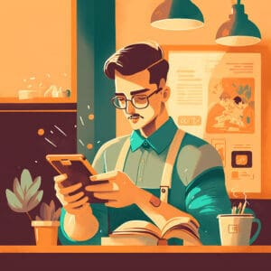 Barista reading a text message at work