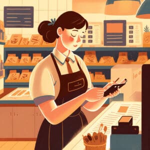 Cashier reading a text message