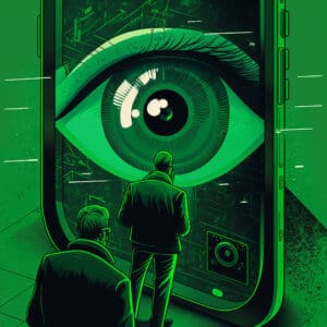 Employees under surveillance through a large eye in a smartphone